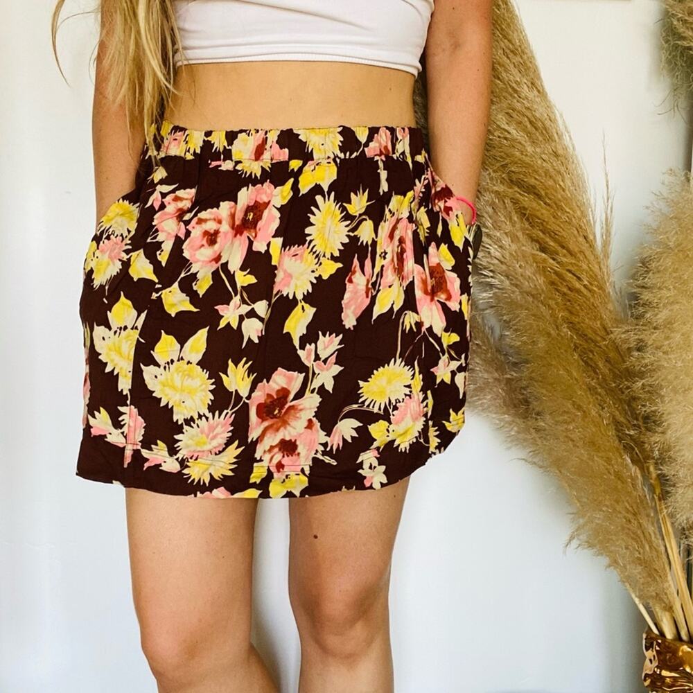 VINTAGE Y2K Brown Pink Floral Mini Skirt High Or Low Rise Elastic Loose Flowy L
